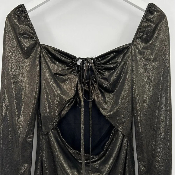 NSR Long Sleeve Metallic Midi Dress in Black Gold Bronze Cut Out Size Medium - Picture 3 of 10